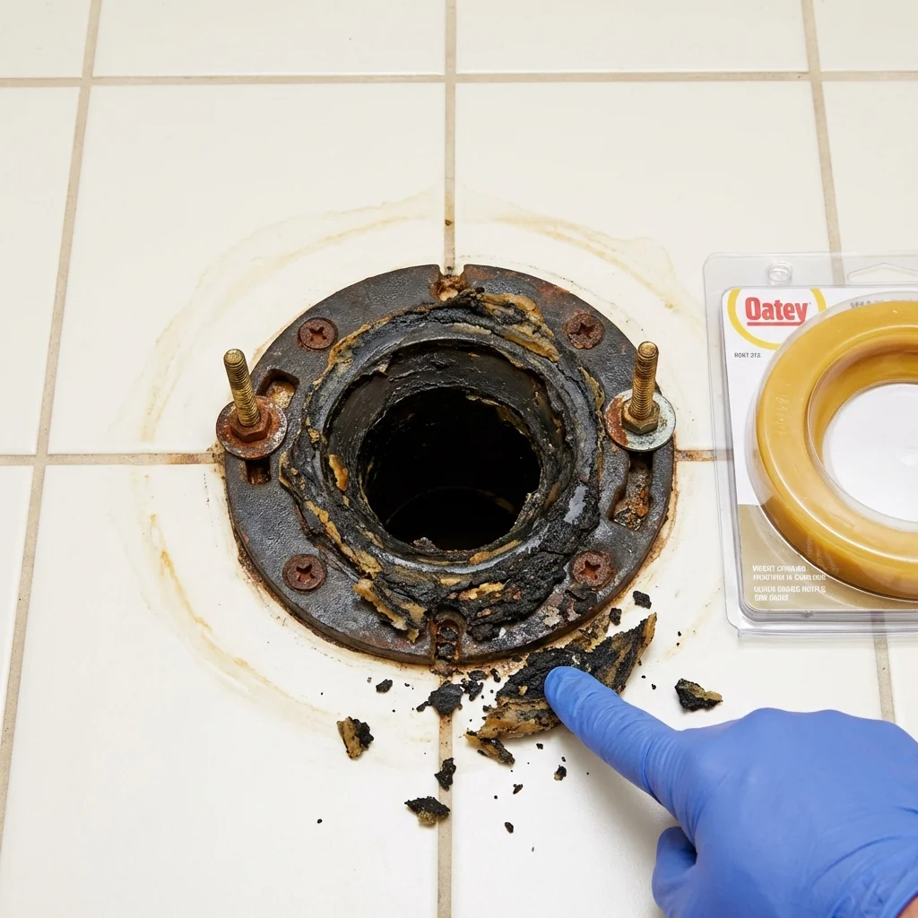 Failed wax ring showing water seepage at the base of a toilet in a Kingston, RI home