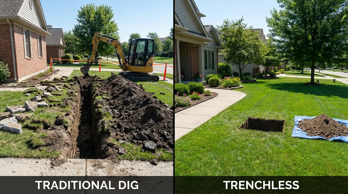 Trenchless sewer repair with minimal yard damage versus traditional excavation in Kingston, RI